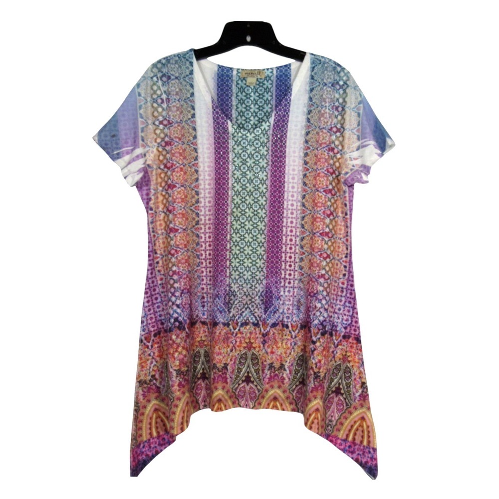 Y2K ONE WORLD Sublimation BOHO RHINESTONES V-Neck HANDKERCHIE HEM Blouse/Top S